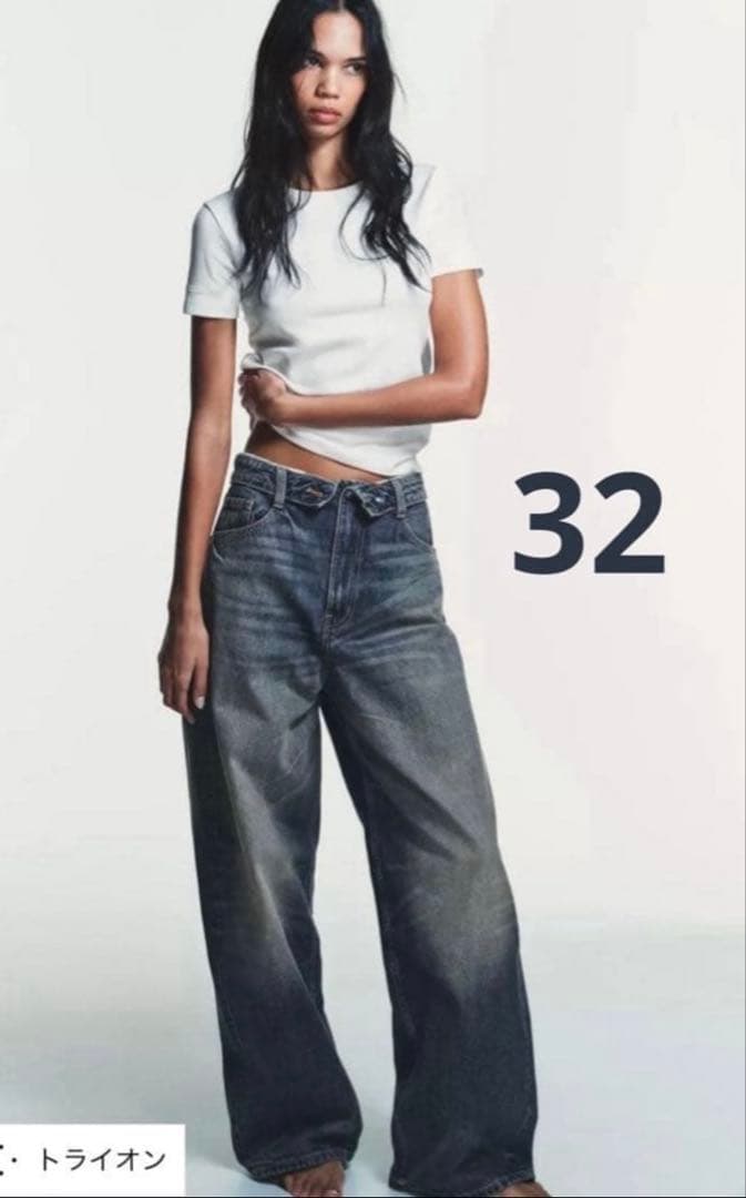 完売品 ZARA TRF ミッドライズ折り返しウエストデニムパンツ 32 5号