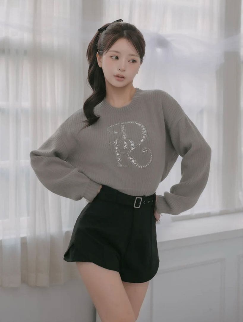 Darich ダーリッチ DRビジューボリュームリブニットトップス グレー