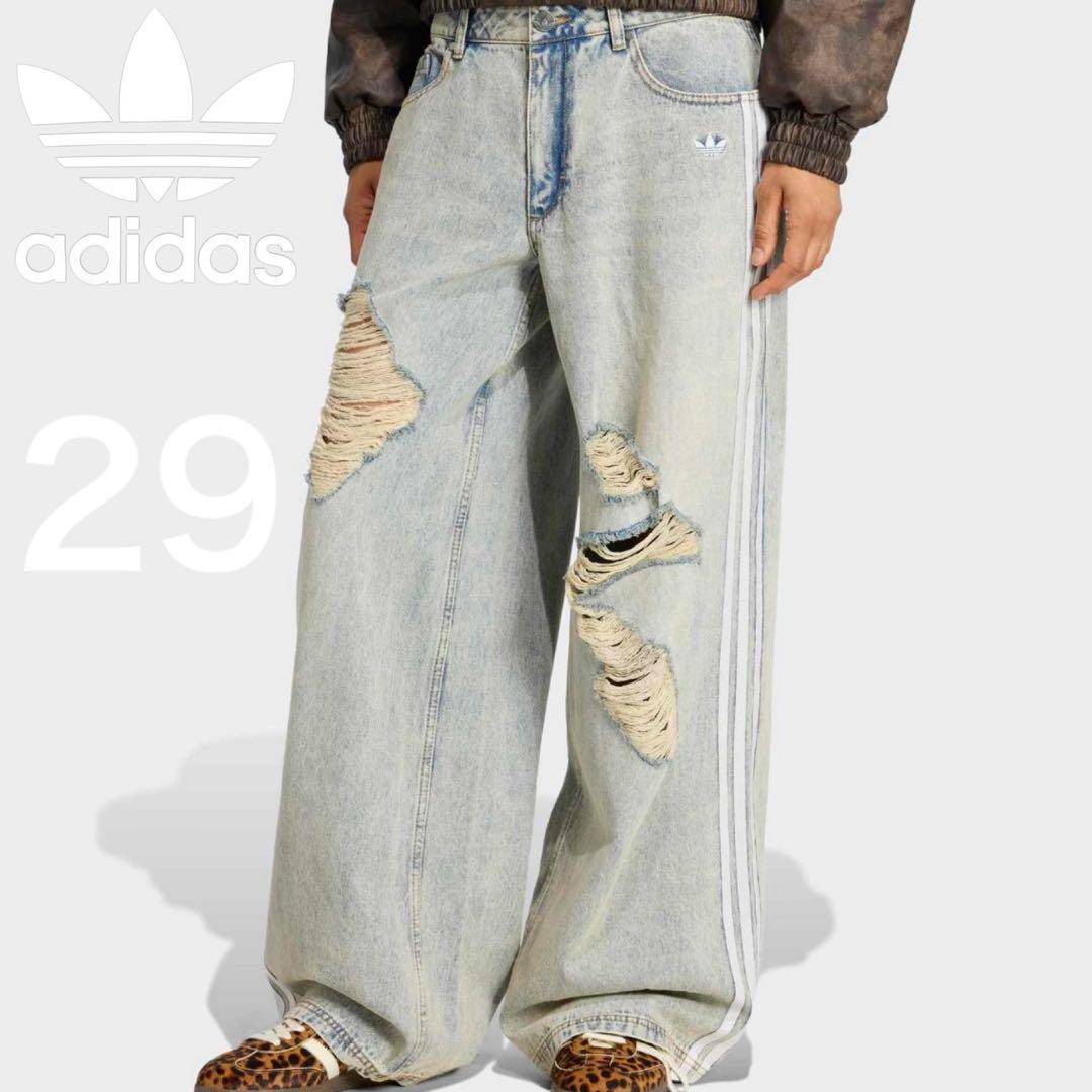 新品29⭐️adidasルーズデニム ディストレスト パンツ ダメージ加工 ブルー