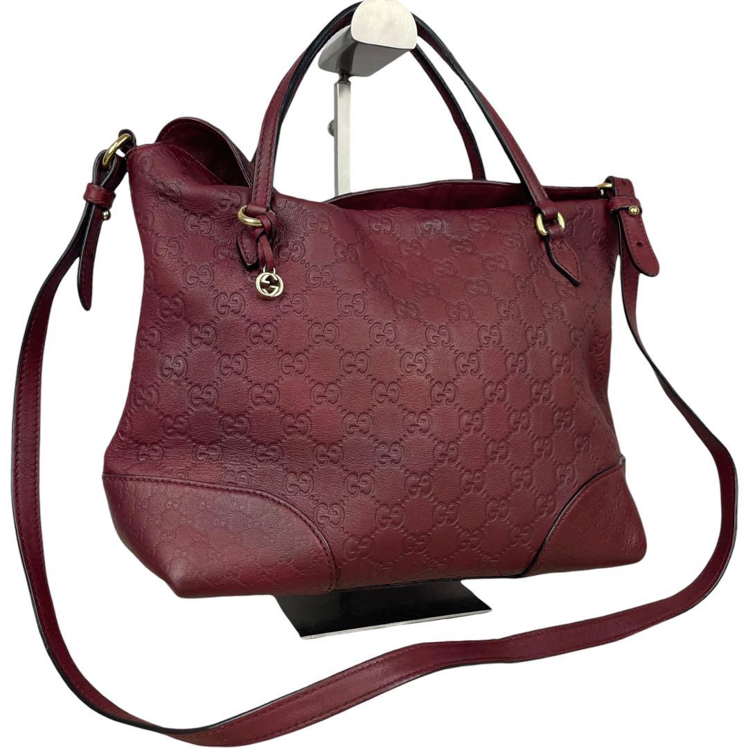 美品 GUCCI 2wayショルダーバッグ GG シマレザー ボルドー系 グッチ