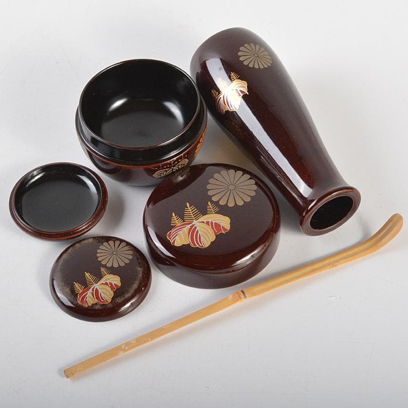 茶道具 利休茶箱 色絵花文茶碗 菊桐蒔絵棗など 七点 一式 V R7103