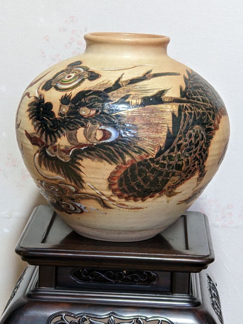 ♦ 書画 骨董 日本画家 陶芸家 コラボ作！希少 黒釉掻落し 雲龍文壺 骨董品 黒釉四耳壺 文化遺産オンライン