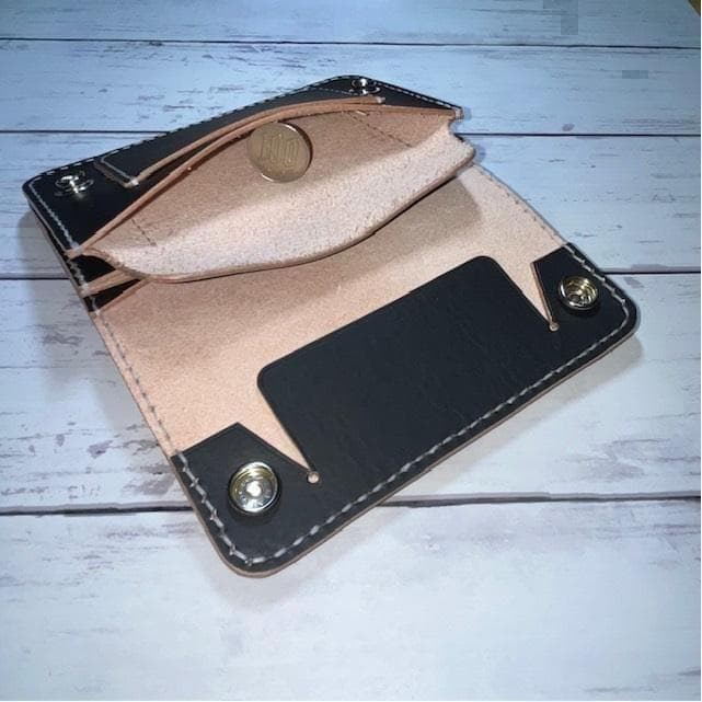 ミドルトラッカーウォレット/姫路レザー茶芯/黒色/ステッチ白色/フル