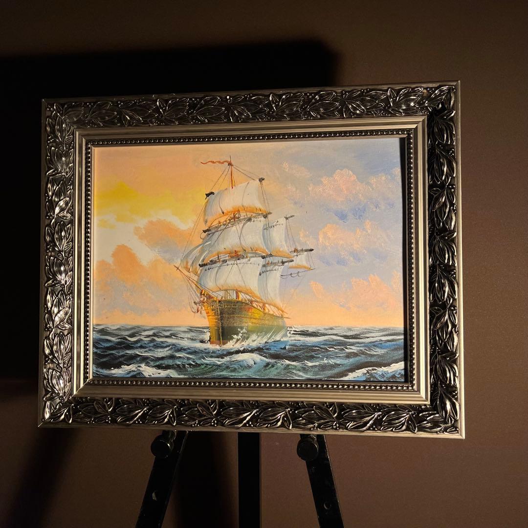 手書き油絵 ブルーウォーター 額付 絵画 インテリア 油彩画