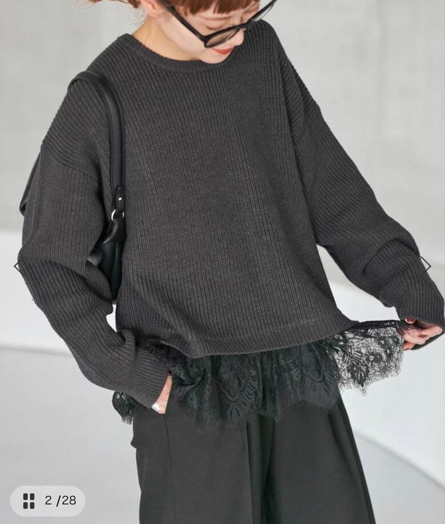 Spick&Span 今期 レースドッキング畦ニットプルオーバー グレー 美品