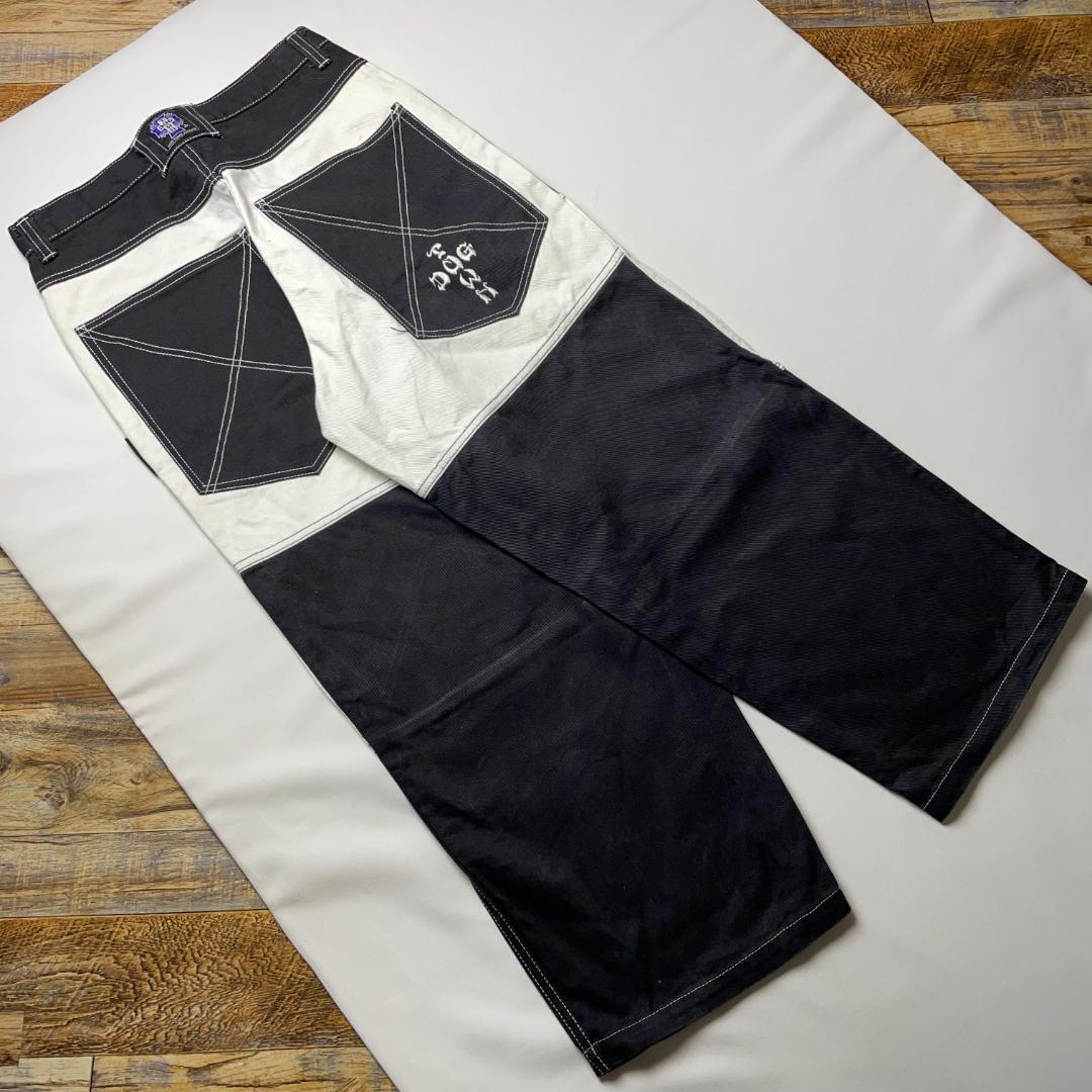 ドッグタウンバギーデニム白黒極太w31刺繍b系ストリートブラックデニム