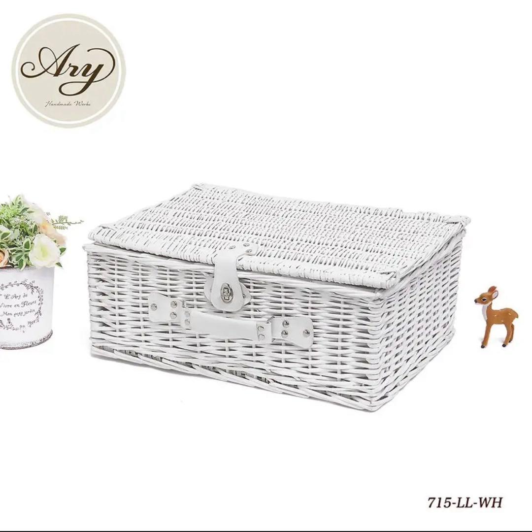 【美品】ピクニックバスケット 蓋付き ホワイト 品番800-M-WH ホワイトバスケット 内布付き ハンドル付き かご