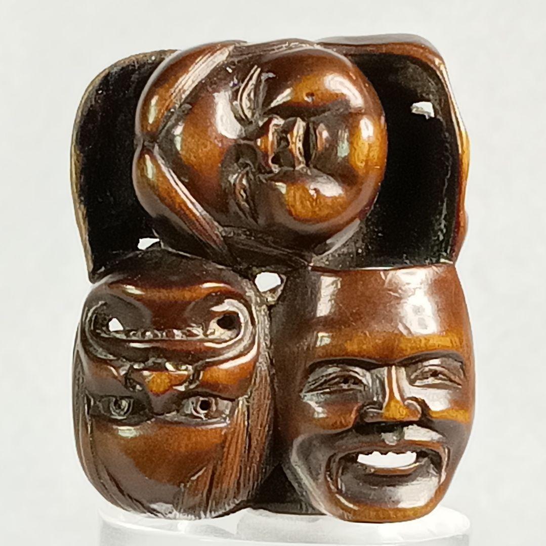 柘植彫 根付 能面尽くし 「おかめ 鬼 猩々 他六面 」 江戸時代