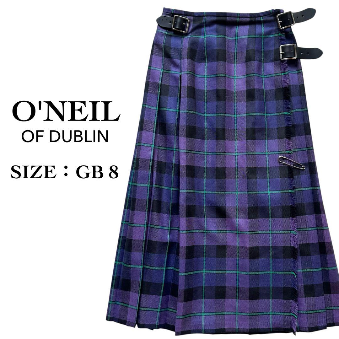 オニールオブダブリン タータンチェック柄 ラップ ロングスカート プリーツ 紫