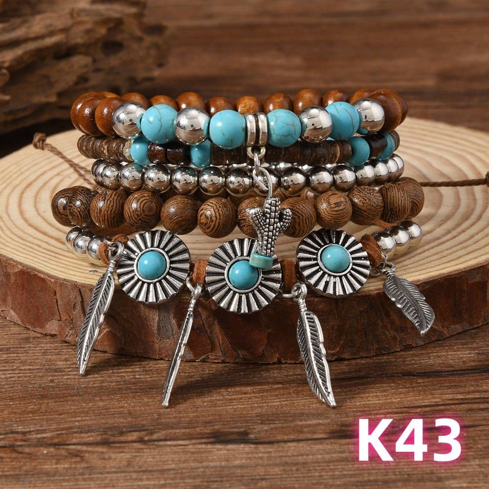 フラワー サボテン ターコイズ 木製ビーズ レディース ブレスレット
