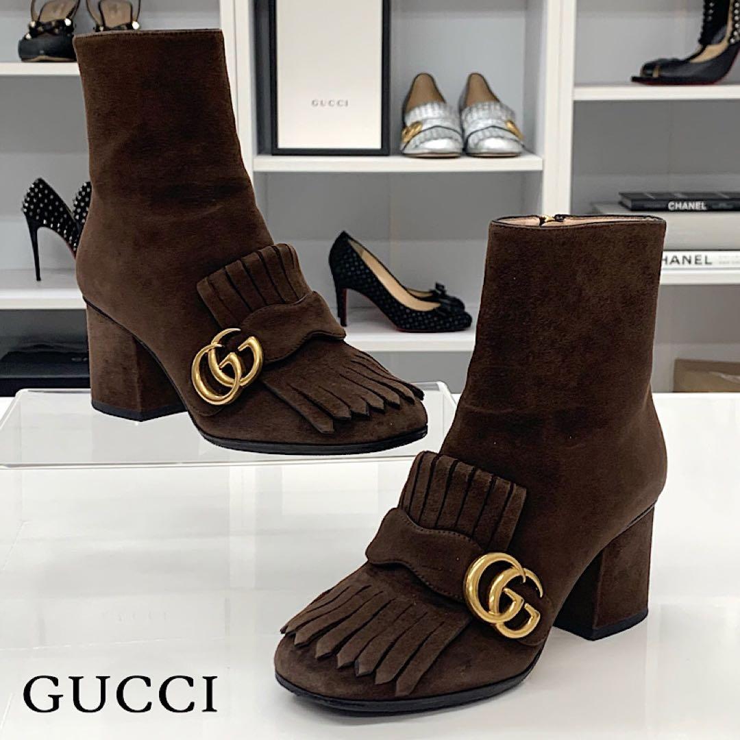 グッチ ダブルG スエード フリンジ ショートブーツ ブラウン - メルカリ