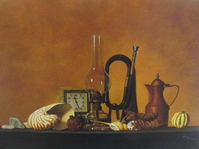前田俊幸「置時計とランプの静物」、希少画集画、新品高級額、額装付