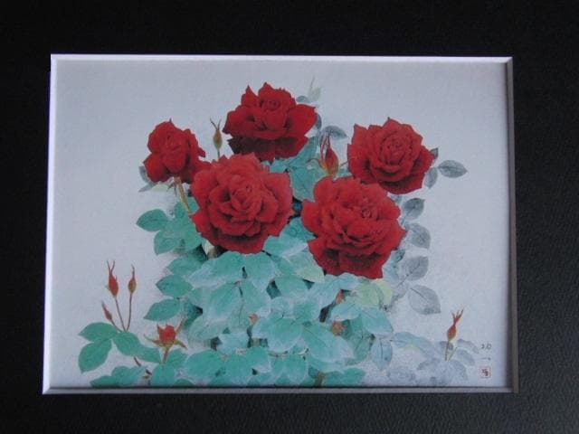 那波多目功一、【ばら】、希少な額装用画集より、新品額装付、状態良好