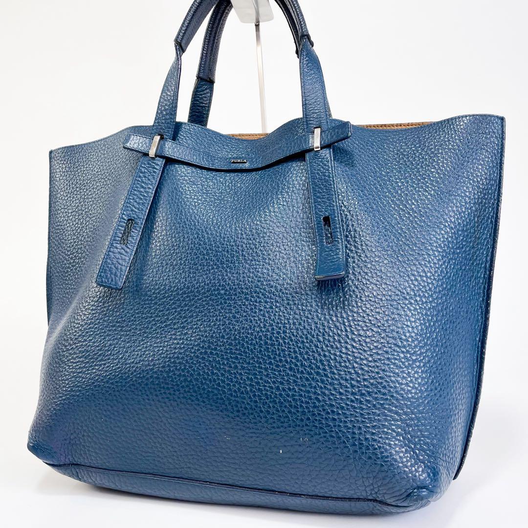 美品◆フルラ ジョーヴェ トートバッグ レザー A4 ネイビー シボ メンズ