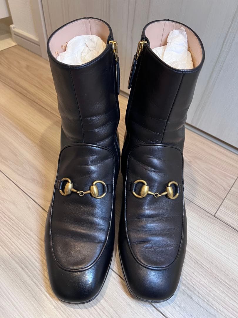 (♡ あずき♡)グッチ　黒レザーショートブーツ クリスタル装飾　36cm
