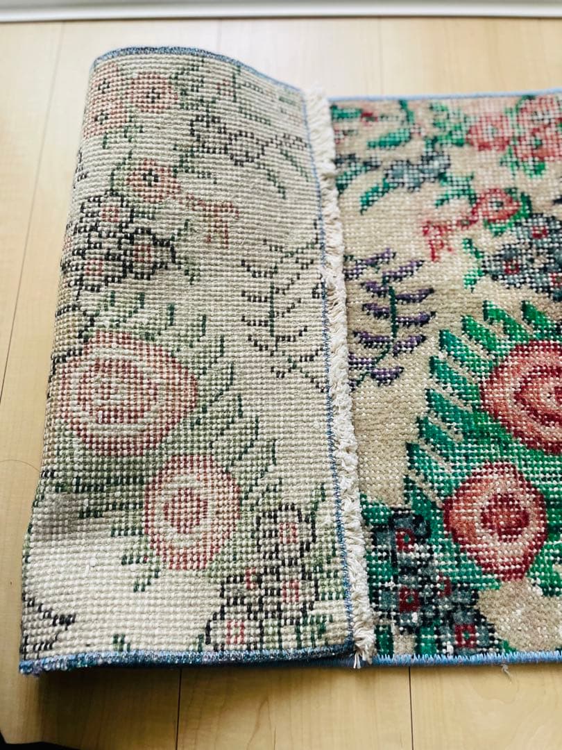 トルコヴィンテージラグ 花柄 45×93 🌱 玄関 クリーム×カラフル トルコラグ