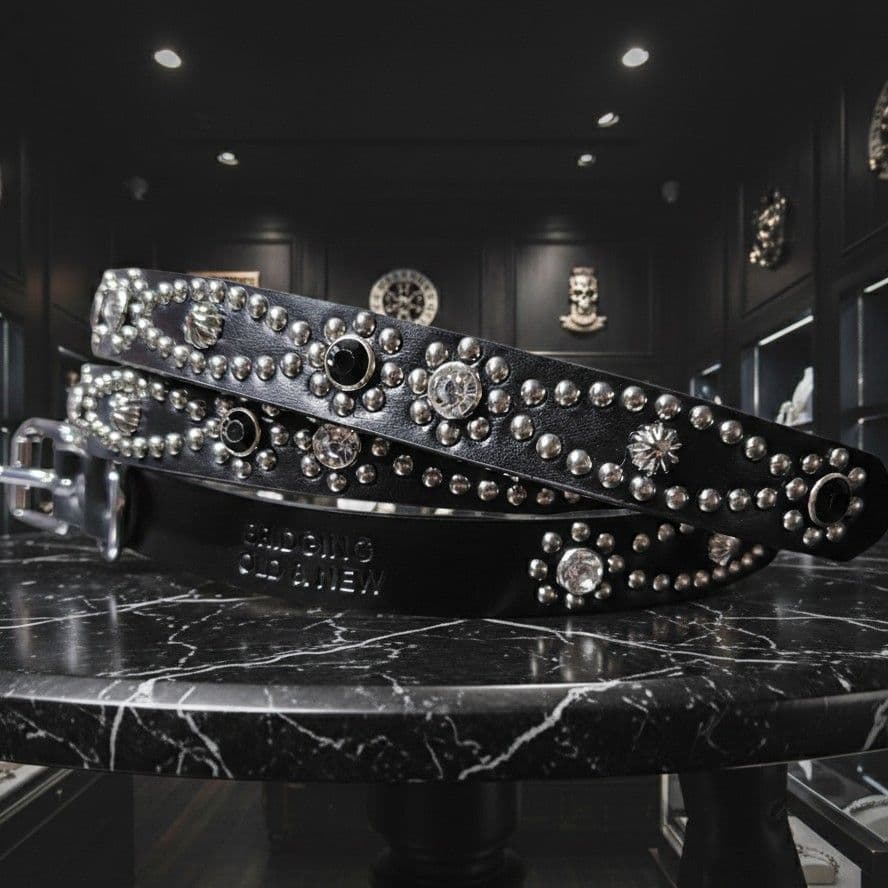 クロス銀□本革レザーフルスタッズナローベルト☆925アメカジ