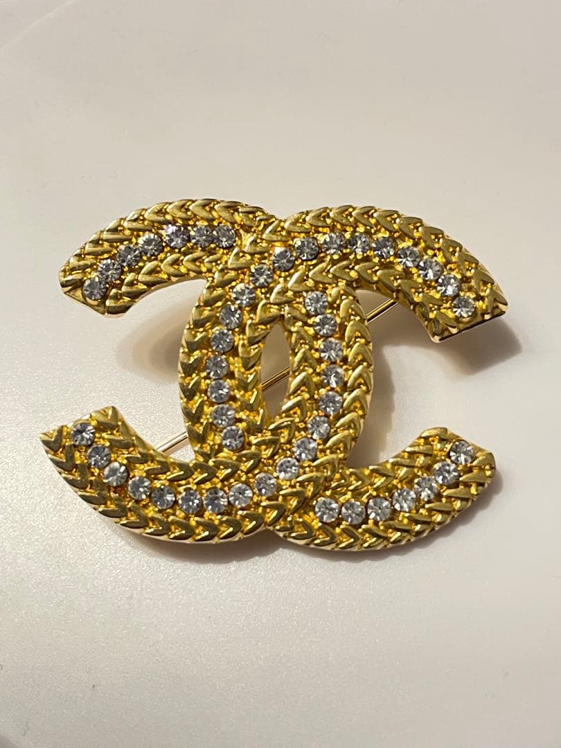 ★【希少】CHANEL ヴィンテージ　ブローチ　ラインストーン　ゴールド★ シャネル ブローチ ココマーク ラインストーン ゴールドカラー