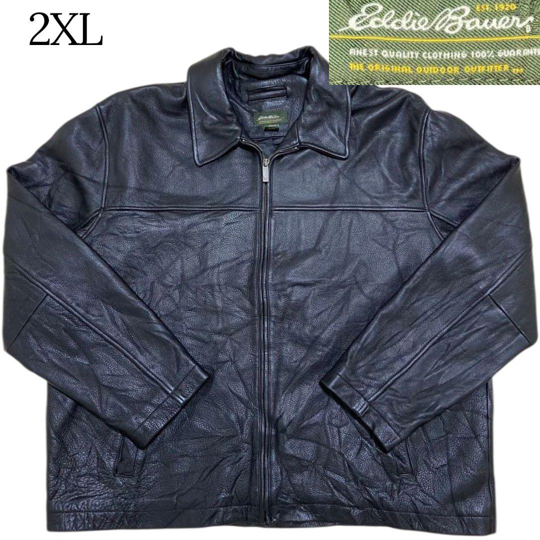 2XL✨Eddie Bauer 牛革 ロゴファスナー レザーライダースジャケット
