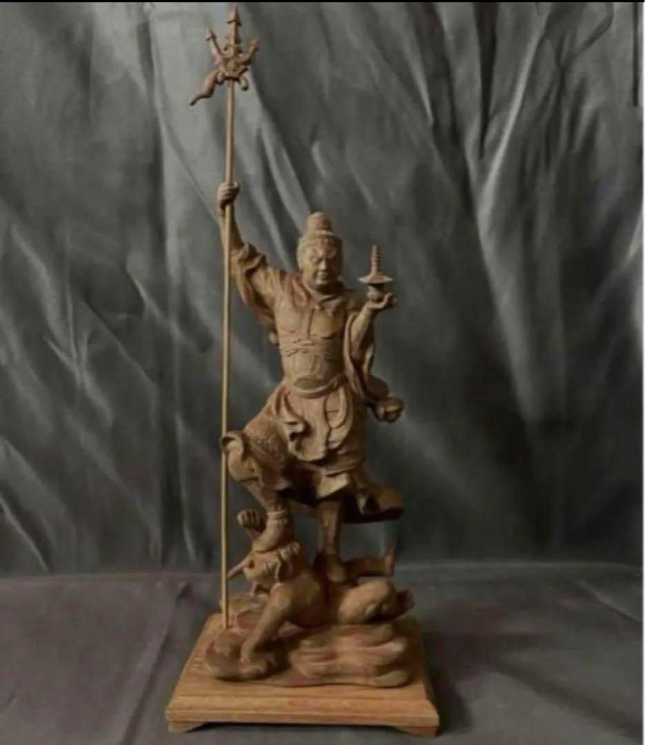 仏教工芸品　総楠製　井波彫刻　極上彫　木彫仏像　毘沙門天立像