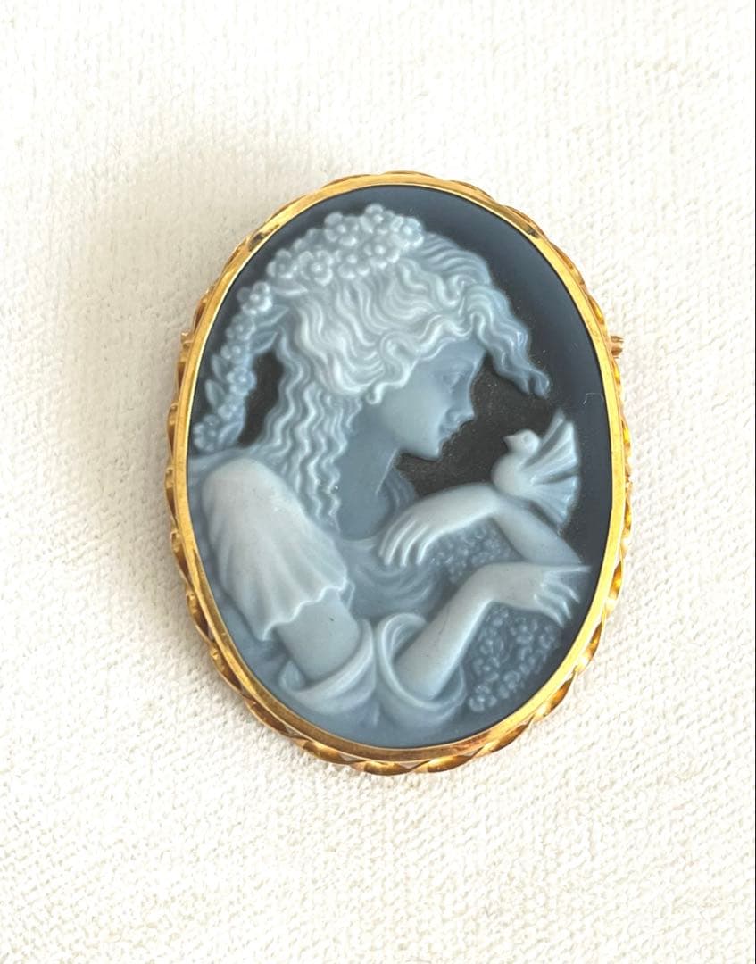 K18 カメオ　メノウ　ブルーカメオ　ブローチ　ネックレストップ