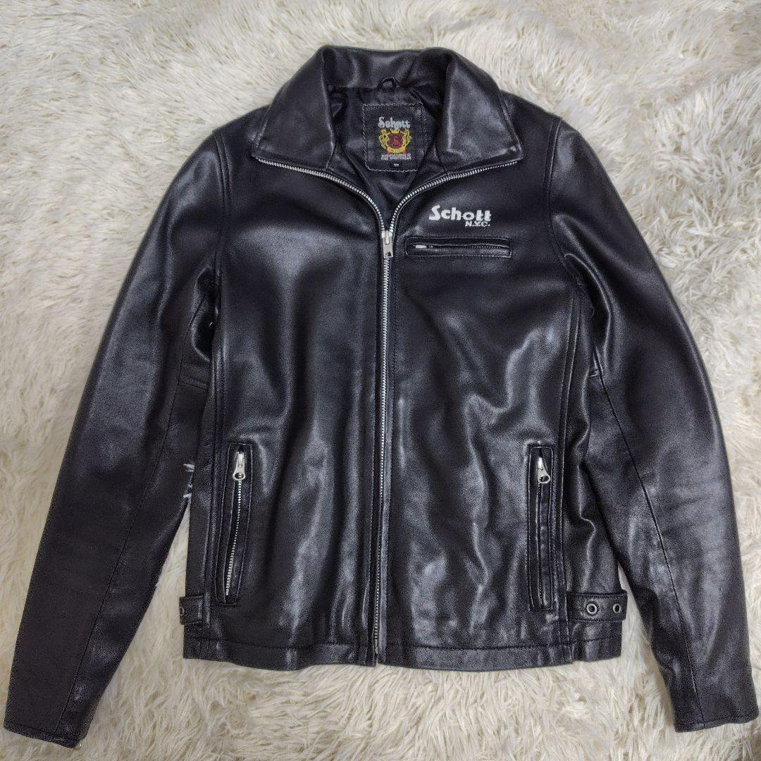 希少✨Schott ラムレザージャケット ロゴ刺繍 黒 XS - メルカリ