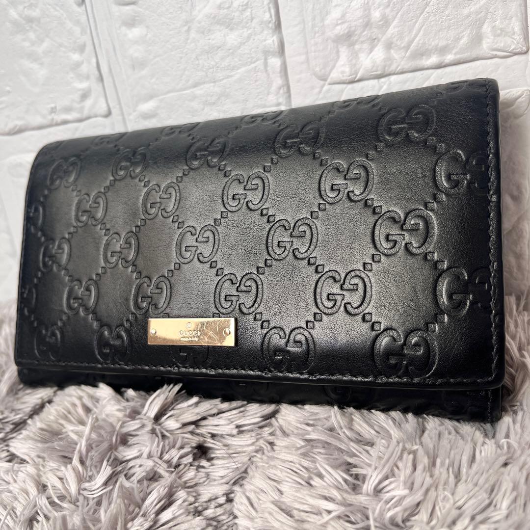 美品✨GUCCI シマ　長財布　ロゴプレート　ブラック　メンズ