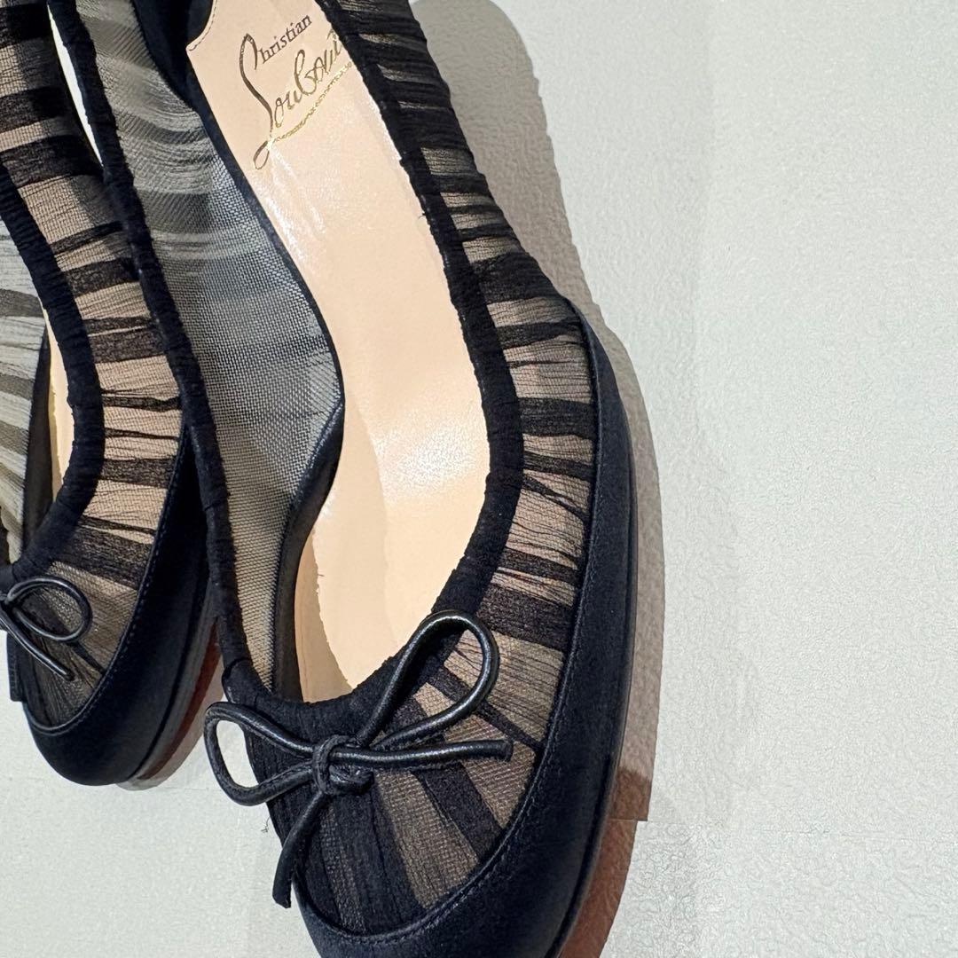 【美品】裏張り済 ルブタン ブラックシフォン リボンパンプス 37 フォーマル
