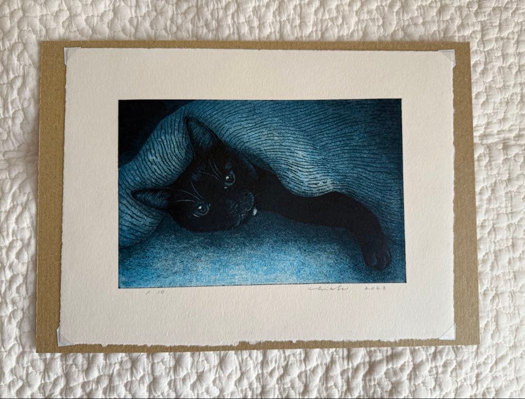 坂本千明さん　紙版画　原画　くろねこ　黒猫　black cat