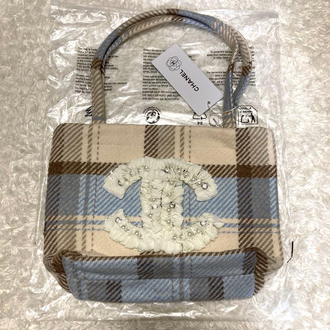 CHANEL チェック柄トートバッグ　シフォン　水色