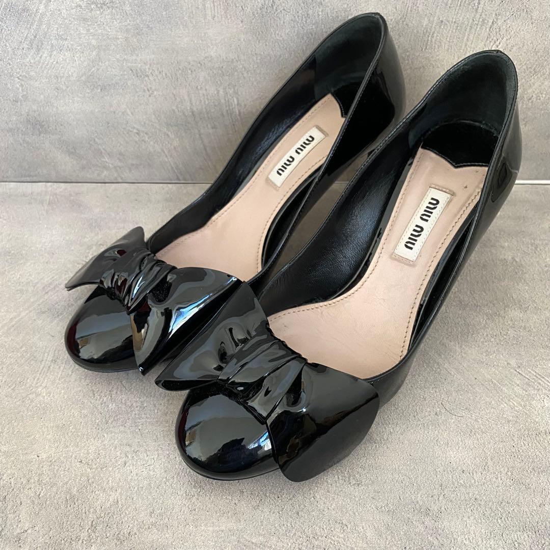 【美品】ミュウミュウ リボン パンプス エナメル パテントレザー ハイヒール