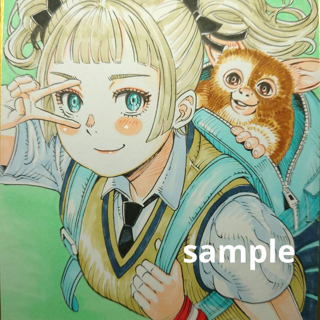 手描きイラスト 049】オリジナル色紙 「ツインテールの女の子と相棒