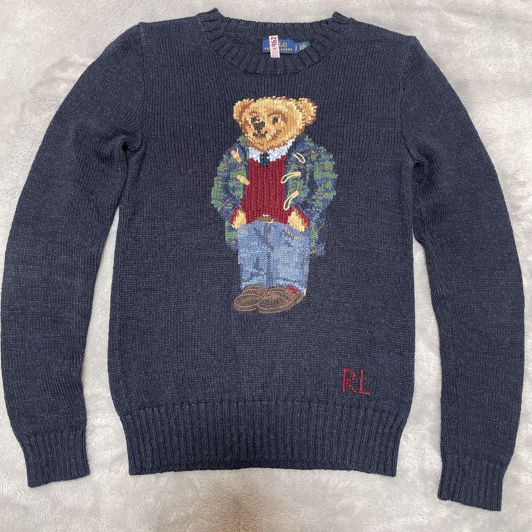 クマ刺繍 ネイビー ニットセーター
