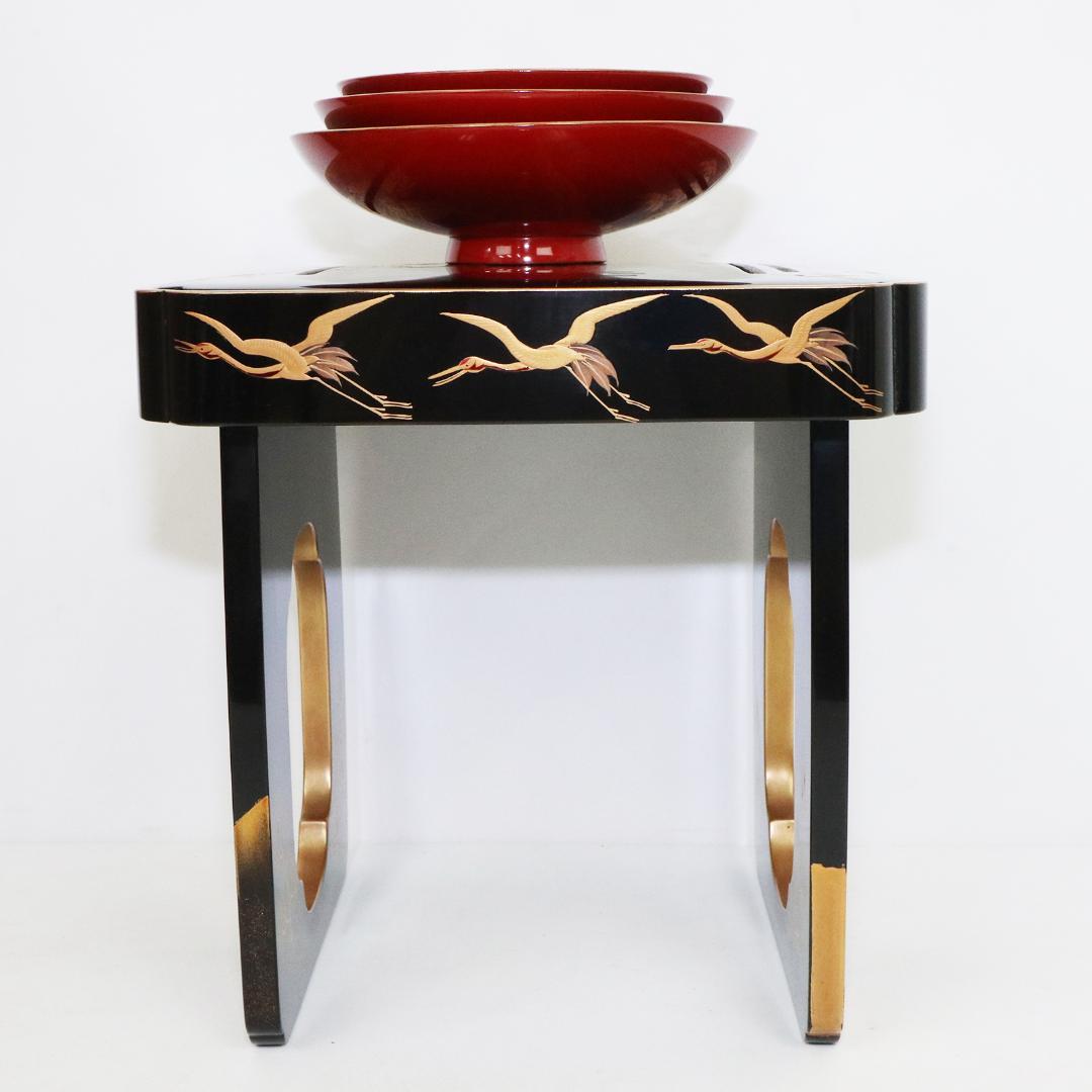 時代漆器 朱漆塗 鶴亀山水 松竹梅 縁起物 蒔絵 三ツ重盃 木製 - メルカリ