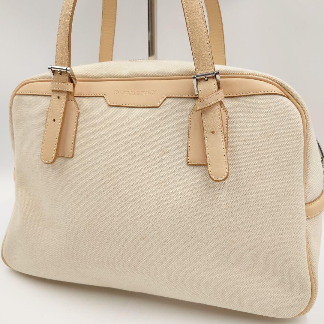 BURBERRY ミニボストンバッグ キャンバス ベージュ ヌメ革 バーバリー
