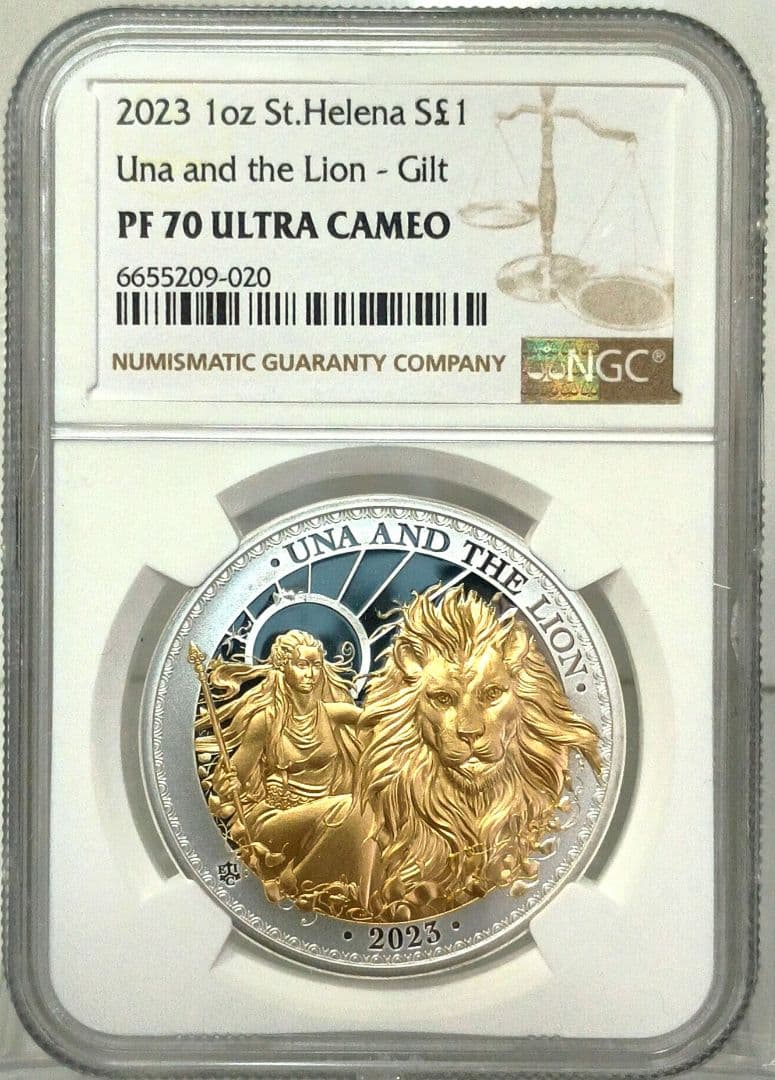 2023 ウナとライオン 1oz £1ゴールドプレート銀貨 NGCPF70UC② NGC鑑定PF70】ウナとライオン 2023年 イギリス領セントヘレナ造幣局 1