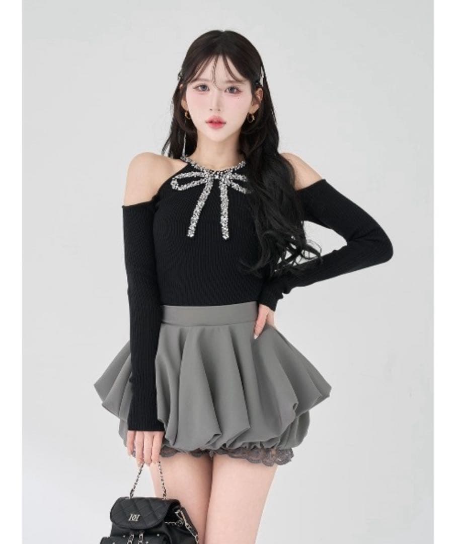 Darich リボンビジューアメスリニットトップス ブラック