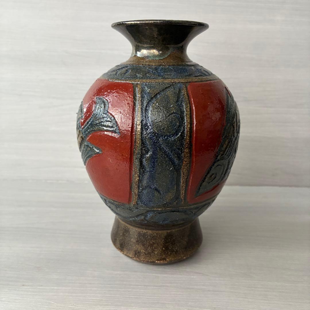 壺屋焼 小橋川清正 赤絵 魚紋 花瓶 沖縄 花器 インテリア 壺 工芸品