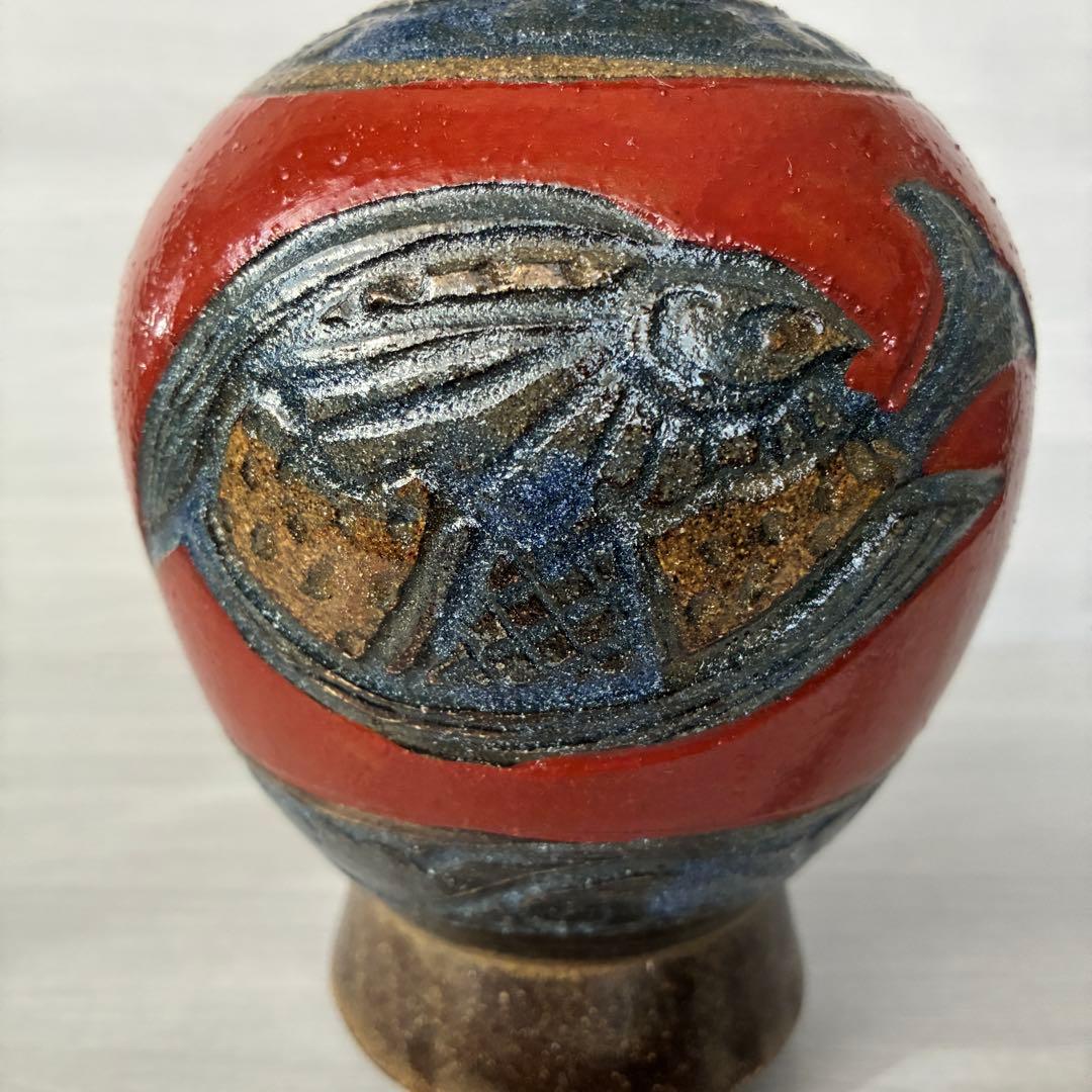 壺屋焼 小橋川清正 赤絵 魚紋 花瓶 沖縄 花器 インテリア 壺 工芸品