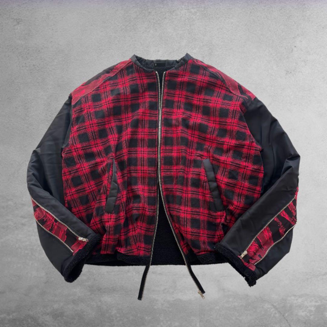00's チェック ボアブルゾン ギミック オーバーサイズ グランジ y2k