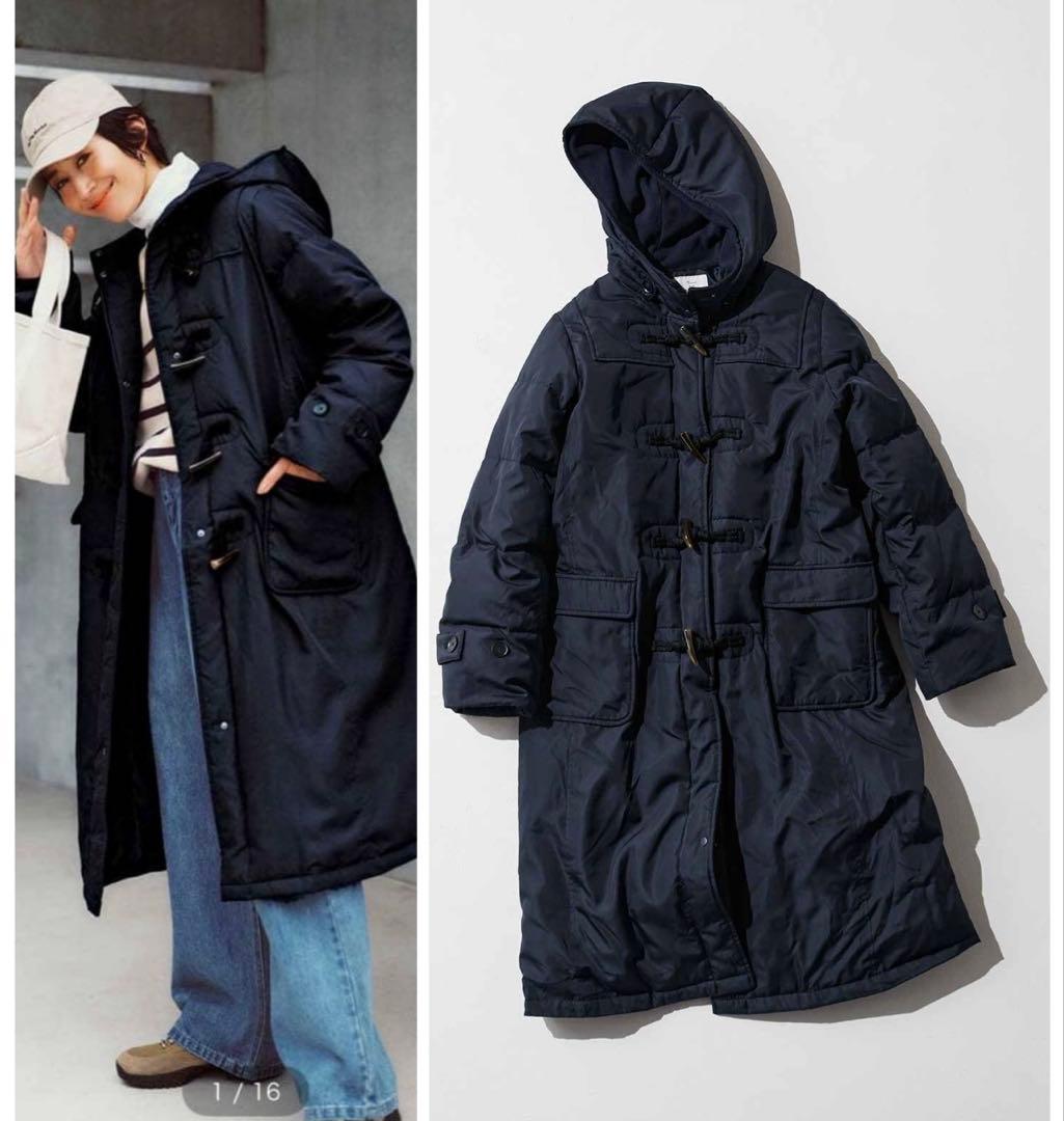美品 フェリシモ ロングダッフルダウンコート チャコールネイビー