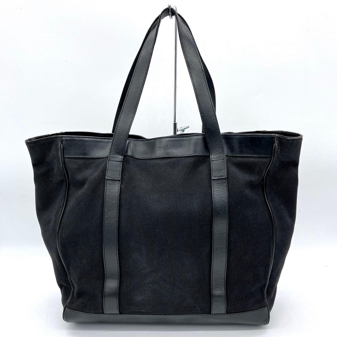 【GUCCI】大容量　トートバッグ　ロゴ型押し　キャンバス　レザー　ブラック