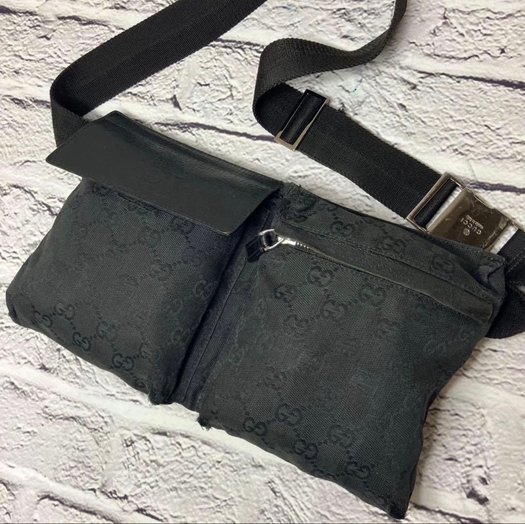 グッチ GG柄 キャンバス レザー 黒 ウエストポーチ ボディバッグ