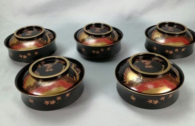 【茶事道具】紅葉と火炎太鼓図　汁椀　5客組　懐石道具371