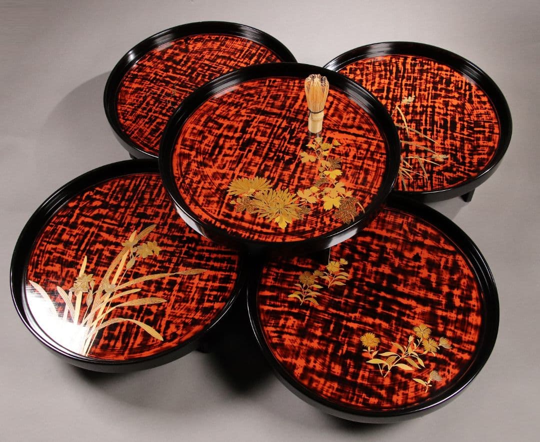 M851/ 木製漆器 草花絵変蒔絵 足付円形膳 五客 根来 黒塗 / 丸輪島加賀 吸物椀 五草花蒔絵 黒 5客セット 木製 漆塗り（製造中止） 漆器の井助