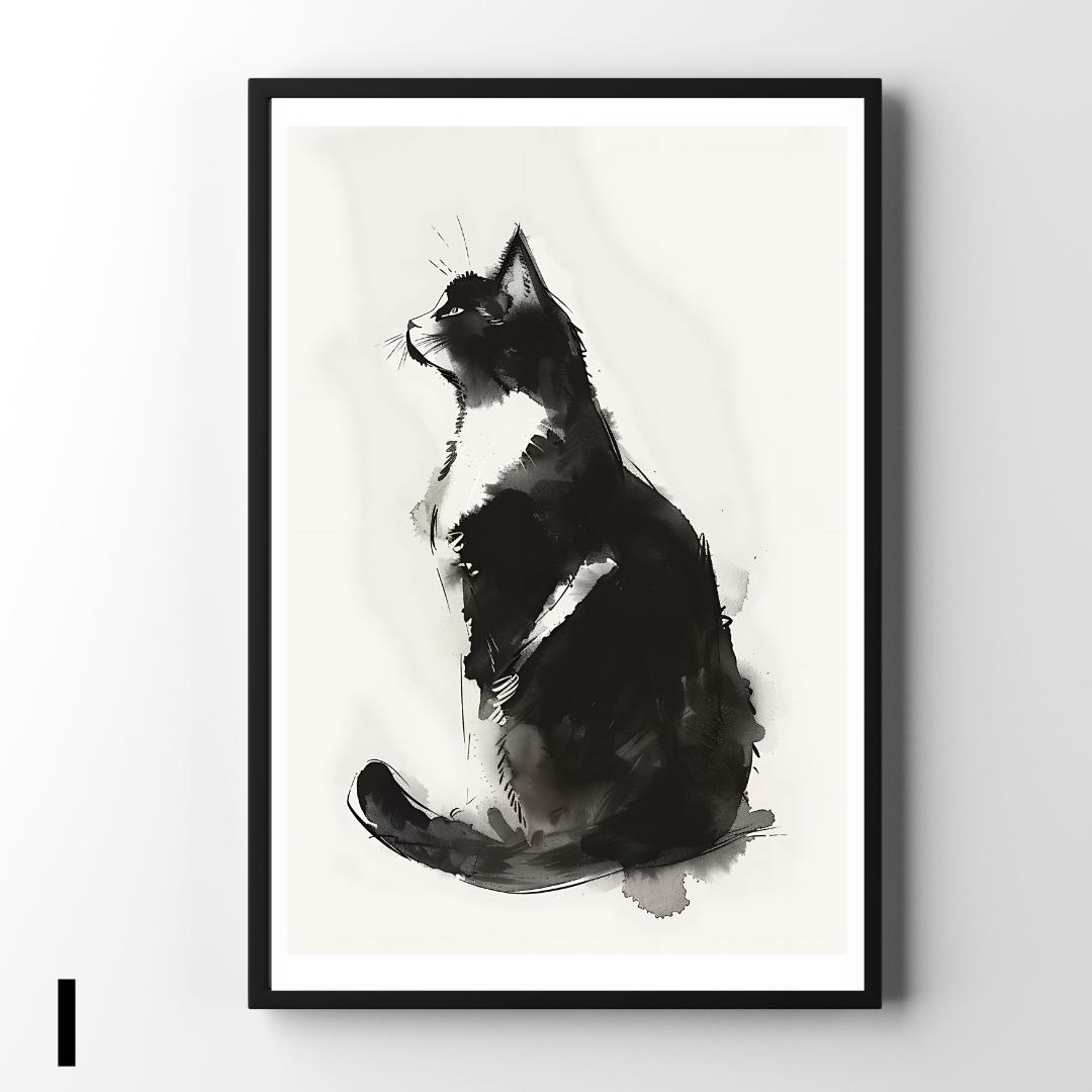 CA30】猫イラスト モノクロ アートポスター クロネコ ネコ ねこ水彩画