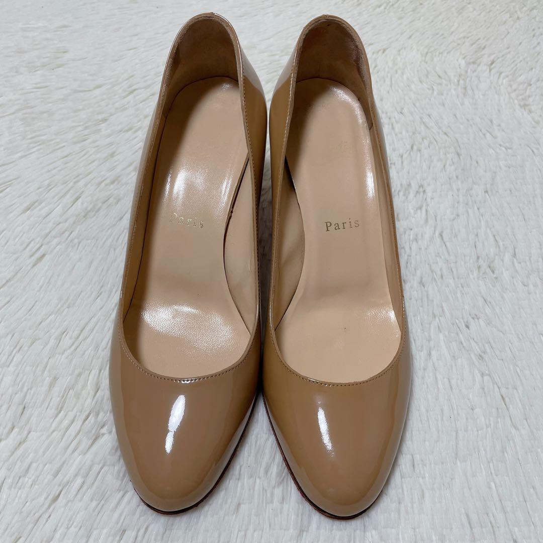 美品✨クリスチャンルブタン パンプス ベージュ チャンキーヒール 訳