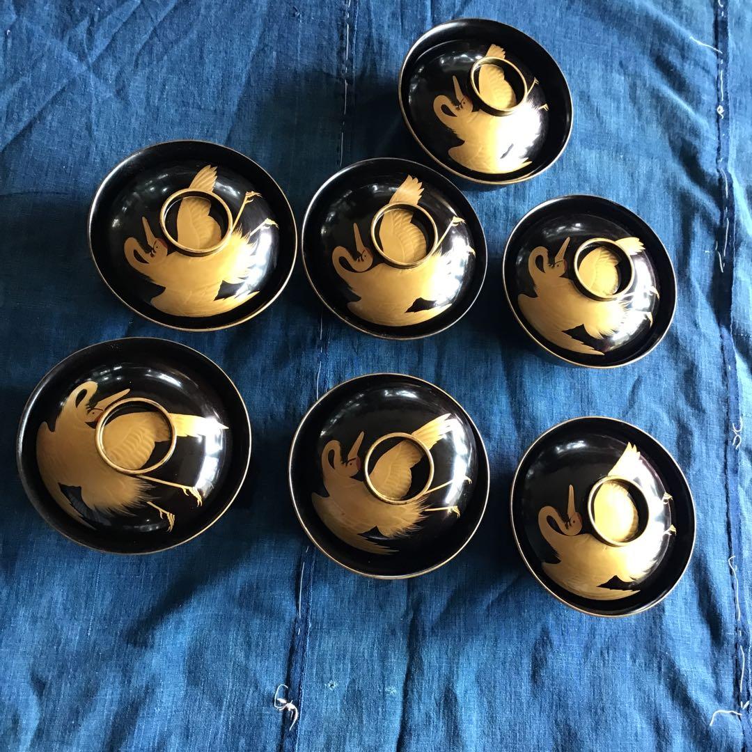 漆器 蓋付き椀 輪島塗　骨董　金蒔絵　鶴　7個セット