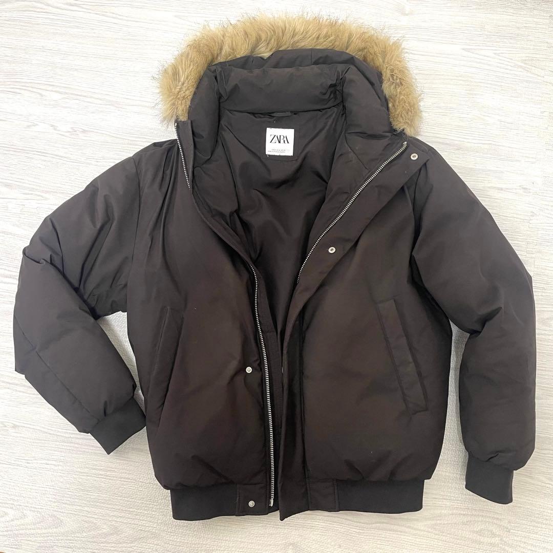 ZARA ブラック ダウンボリュームジャケット ファー付き - メルカリ