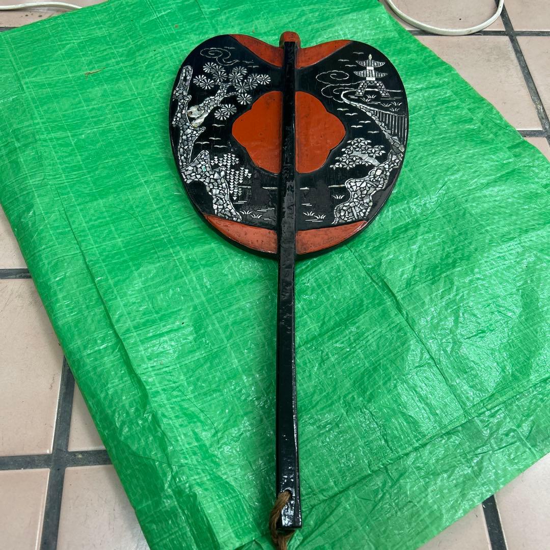 軍配 螺鈿細工 風景図 木製 全長約51cm 時代物 武具 レトロ